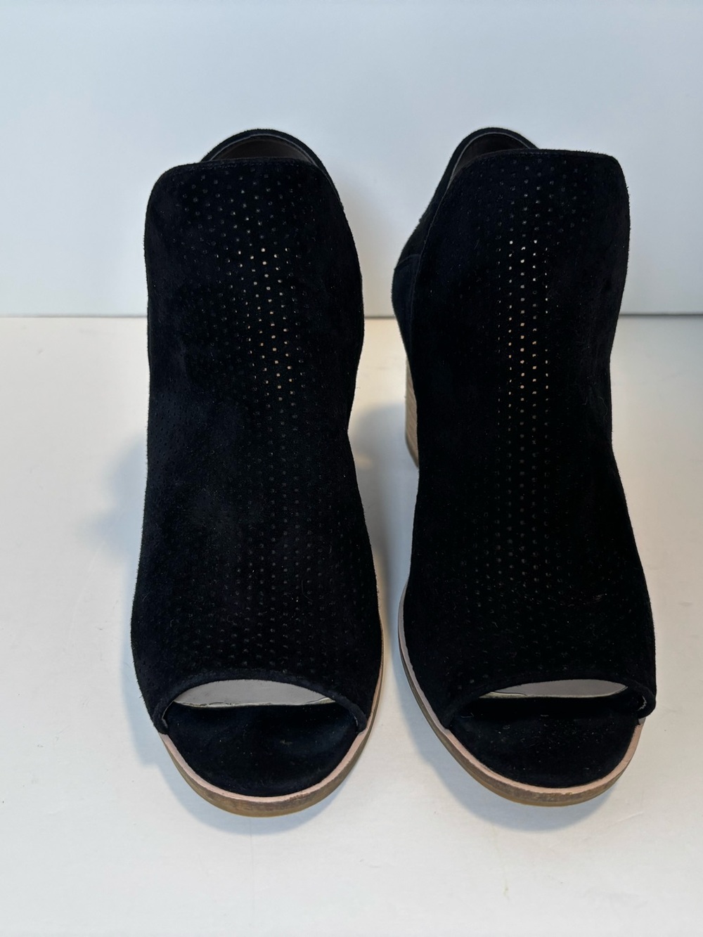 Black faux suede open toe block heel sandals by Cole Haan size 7B